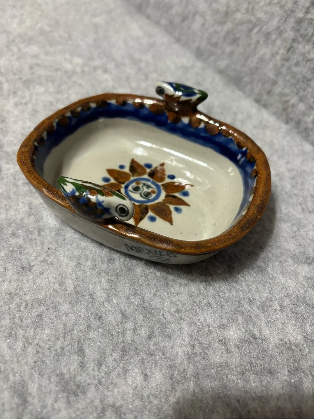 Mexican pottery dish oval ceramic with sun, floral & bird design